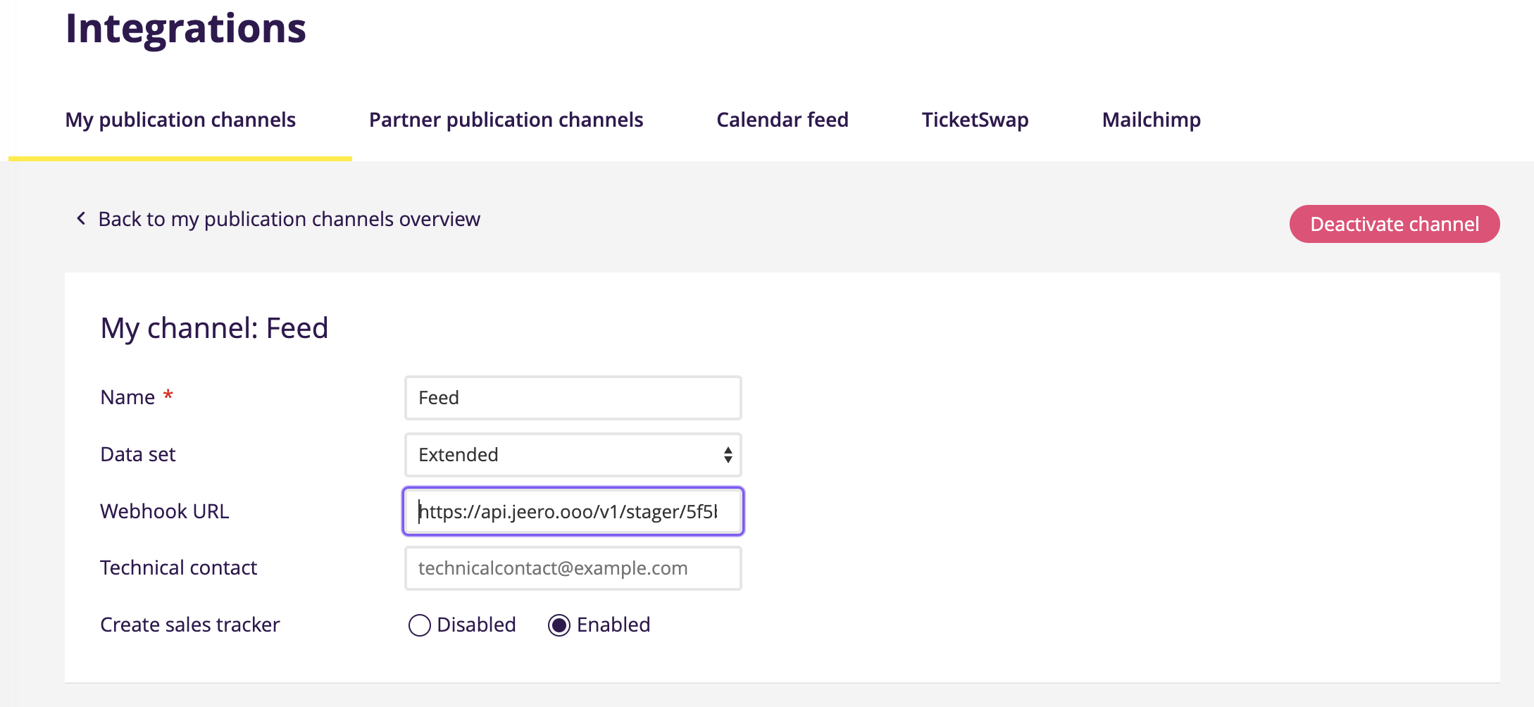 A screenshot of the 'Integrations' page in the Staging backstage area. It shows that you need to paste the URL from one of the previous steps into the 'Webhook URL' input field.