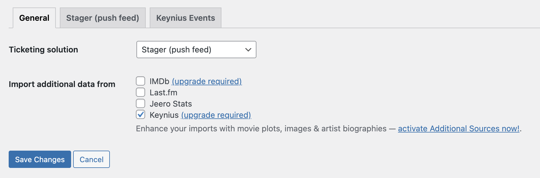 Screenshot of the Jeero settings page with Keynius selected in the list of additional sources.